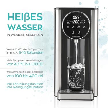 Heinrich's hot water dispenser: hot water at the touch of a button between 40°-100°C, water volume selectable from 100ml-400ml, suitable for baby food, incl. cleaning function + filter, touch display, 2.7