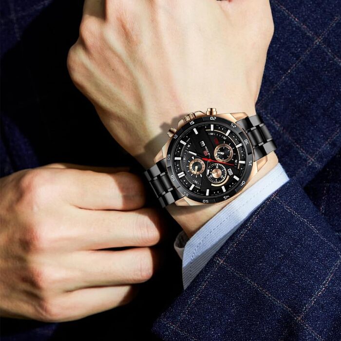 Годинник чоловічий OFFCUP з датою, кварцовий хронограф, водонепроникний, з нержавіючої сталі, для бізнесу та повсякденного носіння (рожеве золото/чорний)