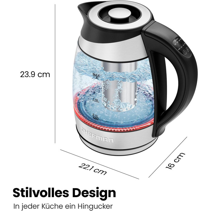 Chefman Electric Glass Kettle with Temperature Control - 1.8L Stainless Steel, Infuser, Auto Shutoff, LED Display