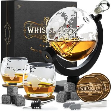 Whiskey Carafe Set - Whiskey Gift Set - Gifts for Men - Men's Gifts Gift - Birthday Gift for Men - Globe Decanter 900ML, Gift Box, 2 Whiskey Glasses, 8 Whiskey Stones