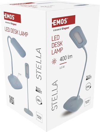LED настільна лампа EMOS STELLA 6.5W з регулюванням яскравості, 4000K, гнучкий важіль, 1.7м кабель, CRI>80, 30000 год служби, блакитний колір