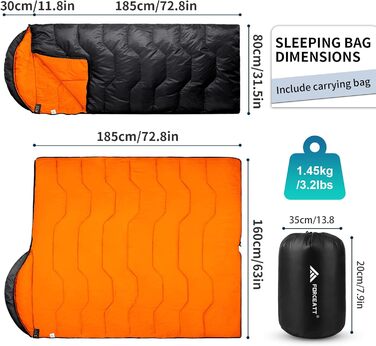Спальний мішок Forceatt для дорослих, 3-4 сезони, -5°C, Flanell та 20°C Polyester, водонепроникний, теплий, для кемпінгу, відпочинку в приміщенні та на природі, холодний клімат. 10°Polyester Taft, темно-зелений (10°Polyester-Schwarz-Orange)