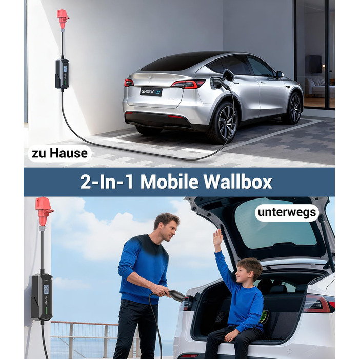 Портативний зарядний пристрій для електромобілів 11 кВт з LCD-дисплеєм, IP65, Schuko, 16A, для EV та PHEV