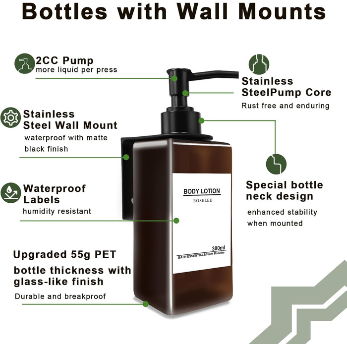 Набір з 3 дозатори мила Roselee для кріплення на стіну, 500 мл, без свердління, для душу, шампуню, гелю для ванни, з етикеткою, для ванної кімнати, кухні (Колір: Коричневий)