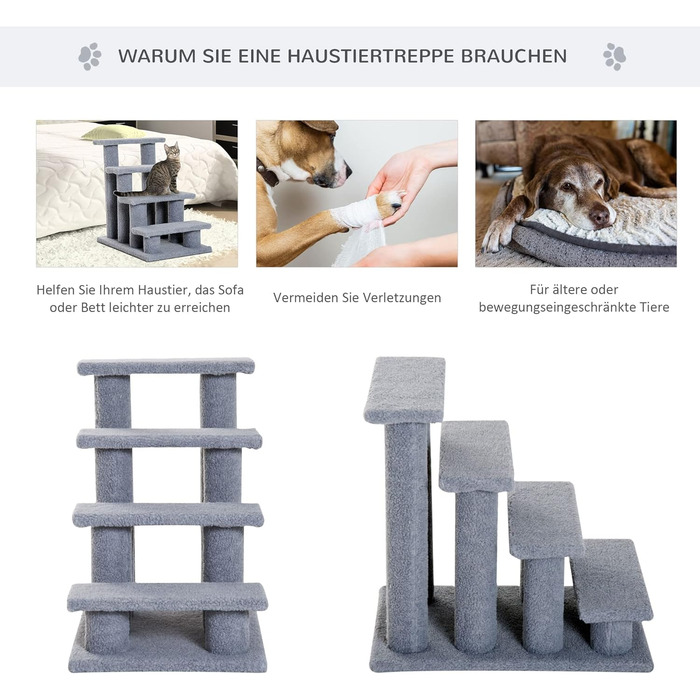 PawHut Pet Stairs Cat Stairs Dog Stairs Stairs for Cats and Dogs 4 Steps Gray 63.5x43x60cm