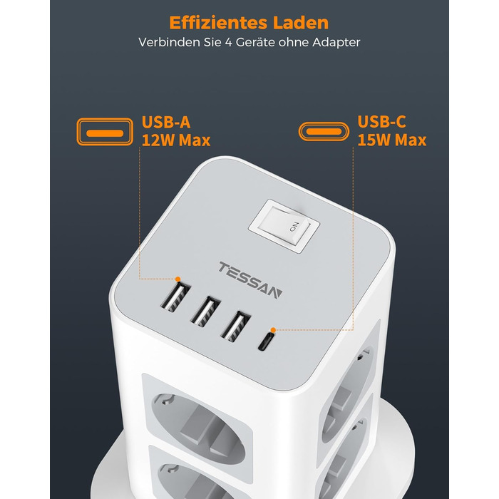 Багатофункціональна мережа TESSAN з 8 розеток, USB-C, захистом від перенапруги, вимикачем, 2 м кабелем, 3600W (сірий/білий)