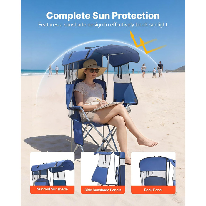 Складний стілець VEVOR для кемпінгу, риболовлі та пікніків, 150 кг, з парасолькою, підсклянниками та кишенею для журналів, темно-синій
