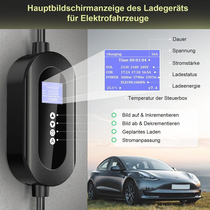 Зарядний пристрій (Wallbox) 11 кВт Type 2, CEE 16A, 6м, 3 фази, з лічильником електроенергії та таймером, для електромобілів (BEV/PHEV), Чорний