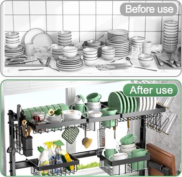 Регульована сушилка для посуду на 2 яруси, 66-85 см, чорна, з 4 кошиками для столових приборів та тримачем для напоїв