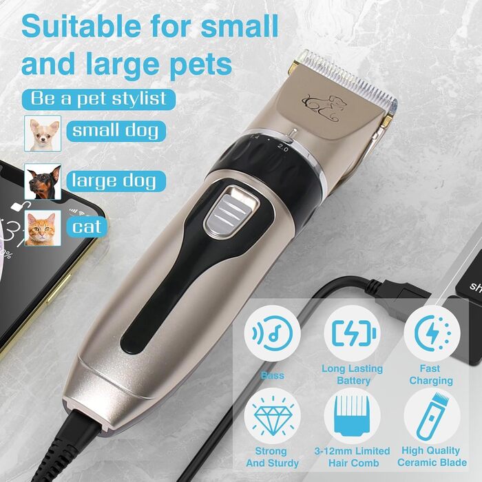 Машинка для стрижки собак, акумуляторна, бездротова, з 4 насадками, для собак, котів та всіх типів шерсті
