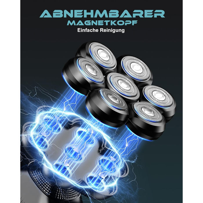 Машинка для гоління голови Glatzen Herren 7D, водонепроникна, для сухого та вологого гоління, з LED дисплеєм, Type-C, чорна