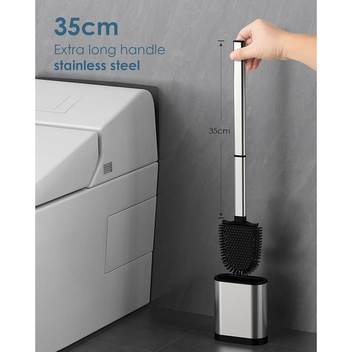 Силіконова щітка для унітазу Klobürste з нержавіючої сталі та контейнером, гнучка щітка для унітазу, настінний монтаж без свердління, срібна