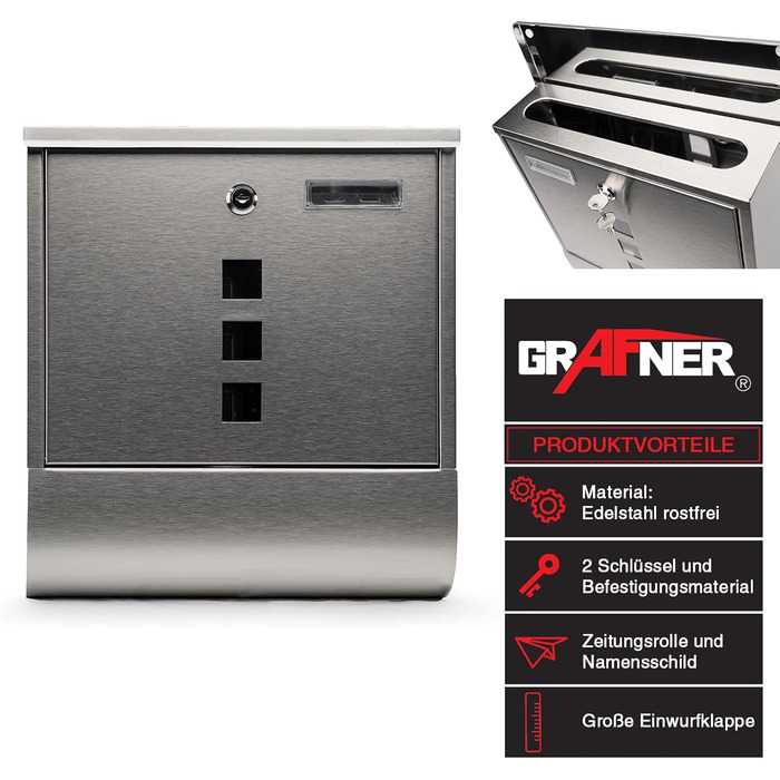 Поштовий ящик Grafner Design з газетницею, сталь, замок (2 ключі), 3 вікна, кутовий, монтажний комплект