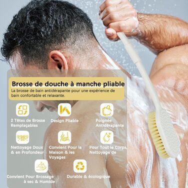 Рюкенbürсте для спини 50 см: складана щітка для душу з довгим руків'ям для ексфоліації, суха щітка для душу, щітка для ванни з змінною насадкою, підходить для людей похилого віку