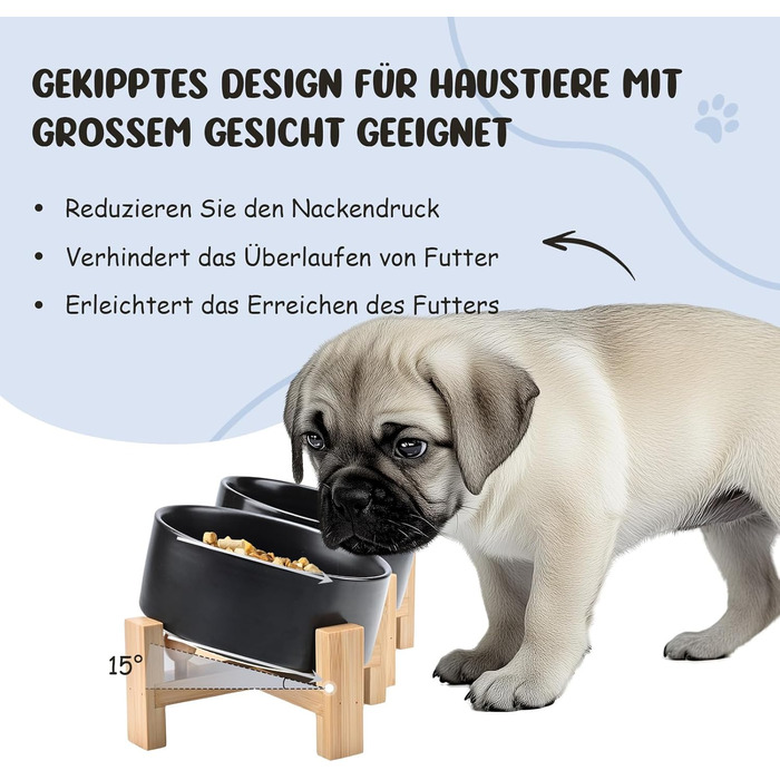 Керамічні годівниці для собак та котів SPUNKYJUNKY з дерев'яною підставкою (400 мл x 2, чорний)