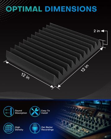Акустичний поролон Knightsacoustic для звукоізоляції, панелі-поглиначі шуму 30x30x2.5 см, чорний (набір 52 шт) для студії звукозапису