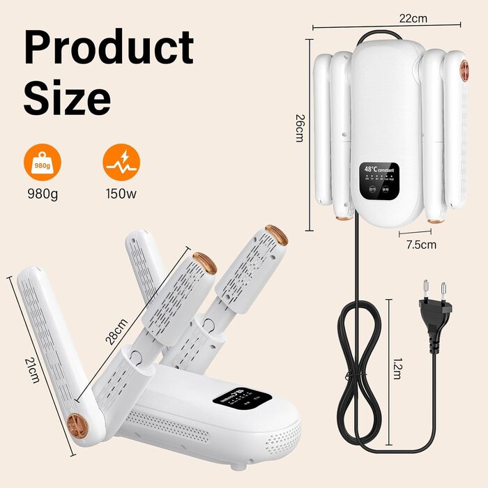 Електричний сушильник для взуття 2 пари, з таймером 1/3/6 год та 2 швидкостями, UV-лампа, складаний дизайн, для взуття, рукавичок, шапок, шкарпеток, лижних черевиків