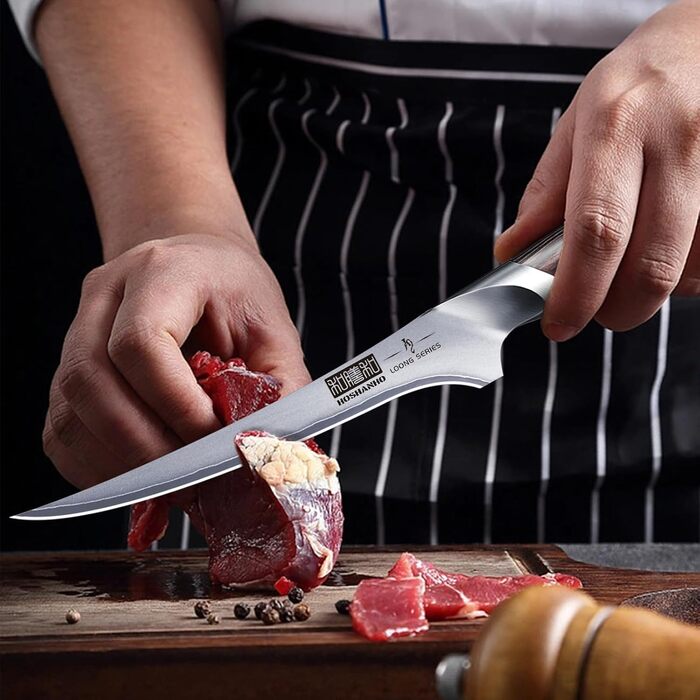 Ніж для філетування риби HOSHANHO 18 см, професійний ніж для риби та виймання кісток, ніж для філетування риби з надзвичайно гострим лезом та ергономічною ручкою з паккавуда, 18 см, срібний