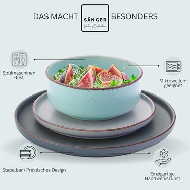 Набір посуду SÄNGER Bombay Sky Shades (12 предметів) | Столовий сервіз для 4 осіб, 4 тарілки для їжі, 4 тарілки для десерту, 4 миски | Яскравий набір тарілок, кераміка