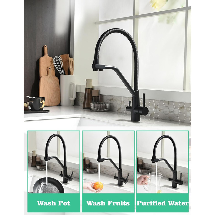 Змішувач кухонний поворотний на 360° з висувним дощувачем, з позолоченим покриттям, для кухні, однорідний, з трьома виходами, чорний