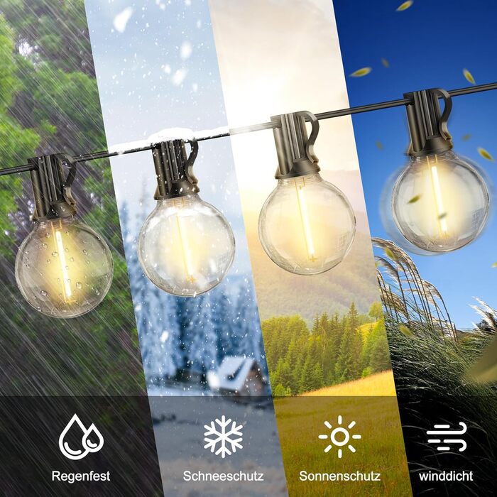 Ланцюжок прикрас LED, 30 метрів, для зовнішнього використання, G40, сад, балкон, тераса, патіо, IP44, з пусковим пристроєм
