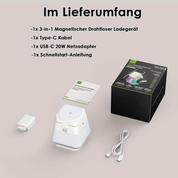 Бездротова зарядна станція 3-в-1 Minthouz Leap Cube 15E, швидка зарядка Qi 15Вт з багатокольоровою підсвіткою для iPhone 16, 15, 14, 13