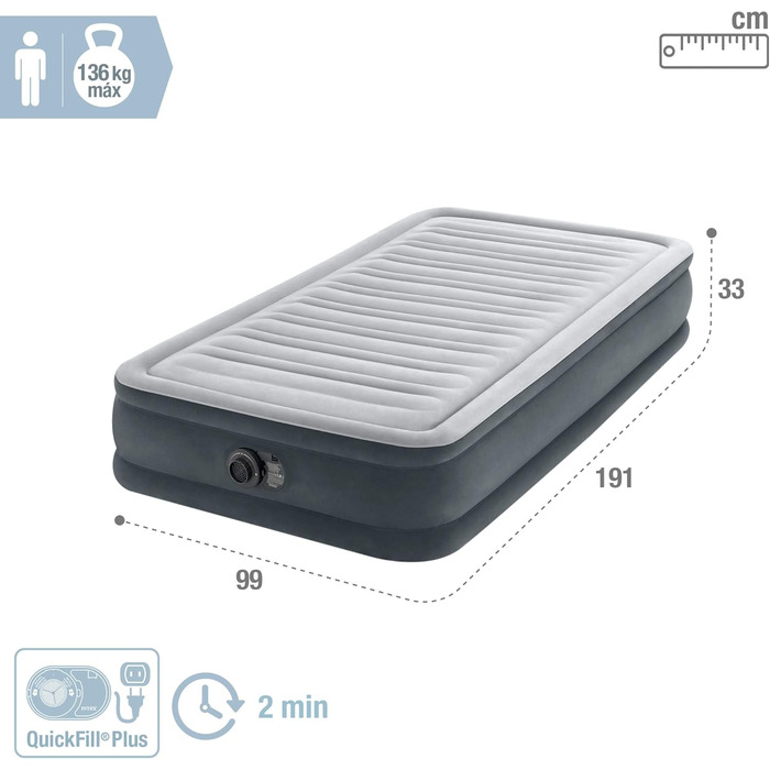Надувний матрац Intex 67766 Dura-Beam Comfort Plush, односпальний, з вбудованим електронасосом, PVC, 99x191x33 см, багатокольоровий