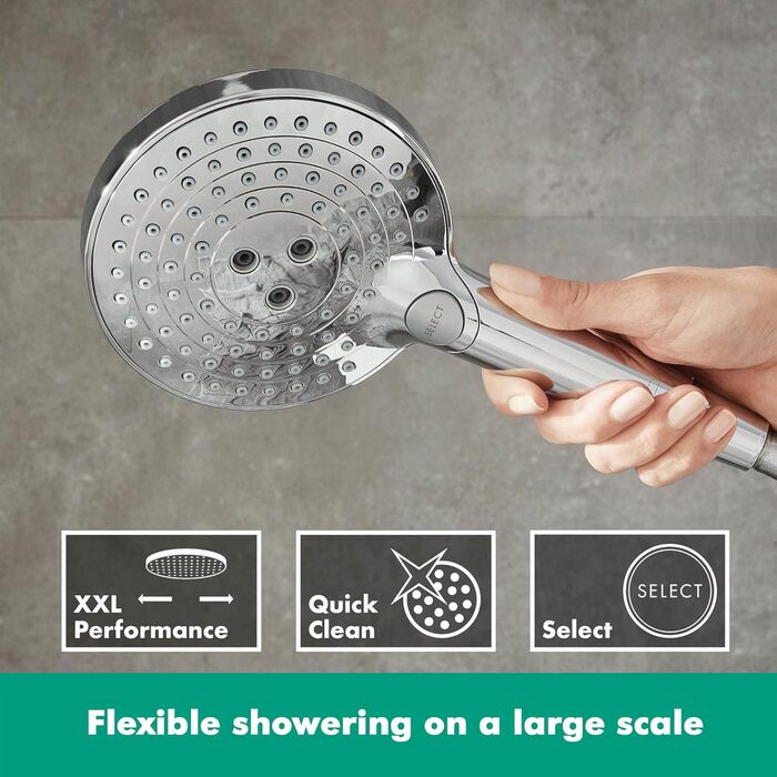 hansgrohe Raindance Select S - water-saving showerhead 9 l/min (EcoSmart), hand shower with 3 spray patterns, round shower head (⌀ 120 mm), water-saving showerhead with anti-limescale function, Chrome
