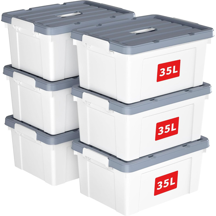 Cetomo Plastic Storage Box with Durable Lid and Safety Closure, Stackable and Nestable, 3-Pack, White (35L*6)