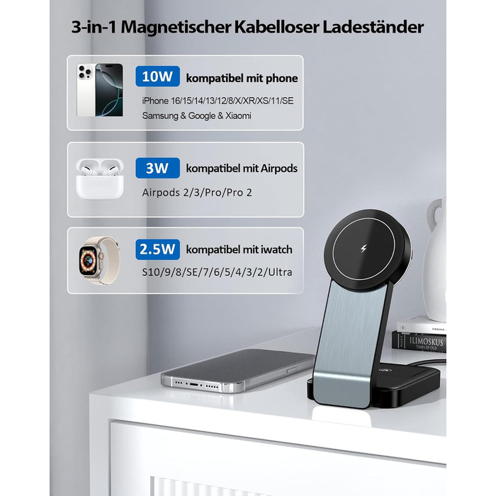 3-в-1 Станція Бездротової Зарядки: iPhone, Apple Watch, AirPods (Біла/Чорна)