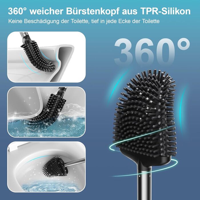 Щітка для унітазу Waretary з силіконовою щетиною та тримачем з нержавіючої сталі, гнучкий наконечник для глибокого очищення, швидковисихаюча, для кріплення на стіні або встановлення на підлогу, чорний