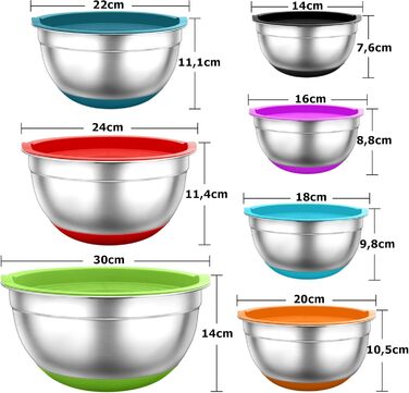 TEAMFAR Mixing Bowl Set, 7-Piece Stainless Steel Bowl Salad Bowl Set with Airtight Lids and Silicone Bottom, Nesting & Dishwasher Safe, 0.7L / 1.2L / 1.5L / 2.5L / 2.8L / 3.5L / 6.5L, assorted colors