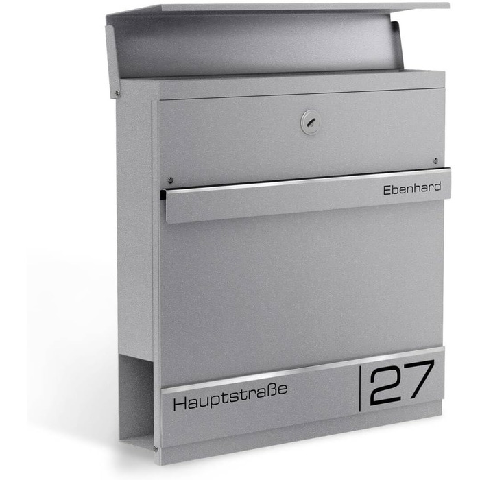 Поштова скринька Metzler Anthrazit RAL 7016 з газетницею та номером будинку, гравіювання імені лазером - сучасний вуличний поштовий ящик з табличкою, водонепроникний та стійкий до іржі | Модель Hermann (Ral9007 Graualuminium)