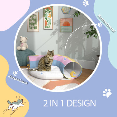 PawHut Тунель для котів, іграшка для котів, 2 іграшки, 1 м'який лежак, грайливий дизайн, 105 см x 65 см x 28 см, різнокольоровий