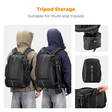 Фоторюкзак K&F Concept 25L: Водонепроникний рюкзак для фототехніки з захистом від дощу, відділенням для ноутбука 16 дюймів (чорний)