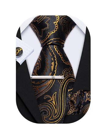 Чоловіча краватка шовкова Paisley Barry.Wang з кишеньковою хустинкою та затискачем для запонок, набір для весілля та урочистих подій, 3 шт. Золото-чорний