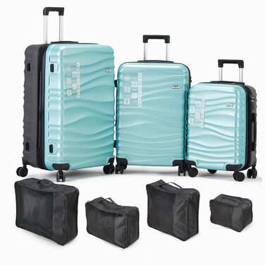 Набір валіз DMS® 7 предметів: 3 валізи (M/L/XL) з ABS-пластику, 360° колеса, кодовий замок + 4 мішечки для одягу – легкий, міцний, розширюваний, для подорожей та бізнесу (Турквіс)