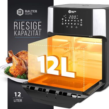 Balter Hot Air Fryer HL-1200, Fryer, 12 Liter, Mini Oven, Dehydrator Function, LCD Display, 10 Programs, incl. Recipe Booklet and Accessories