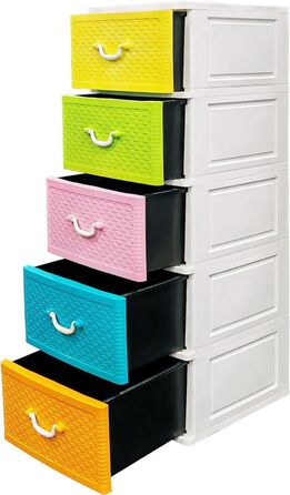 Chest of drawers 44x50x127 cm with 5 large XXL drawers, 40 liters per drawer, with fronts in beautiful candy colors and a modern woven look made from recyclable PP plastic for the environment.