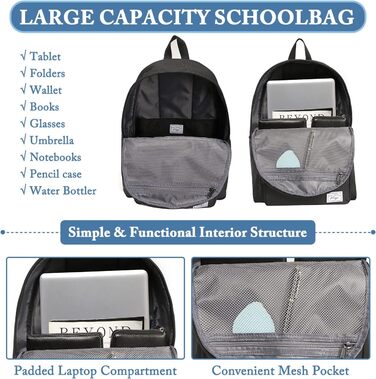 Шкільний рюкзак для підлітків: легкий, 15.6 дюймів, для ноутбука, чорний. Підходить для чоловіків, жінок, хлопців та дівчат, для школи, університету, подорожей та роботи. Об'єм 17,8 л.