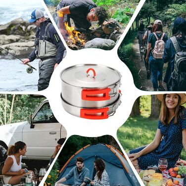 Набір посуду для кемпінгу з нержавіючої сталі 304, 1-2 особи. Посуд для туризму, похідний набір з каструлею, сковородою з антипригарним покриттям та чайником у сітчастій сумці