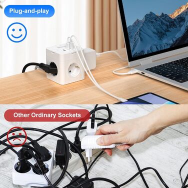 Блок розеток з USB-C, 4 розетки, плоский штекер, індивідуальне вмикання, сплетене кабель 2м для офісу, дому, подорожей - білий