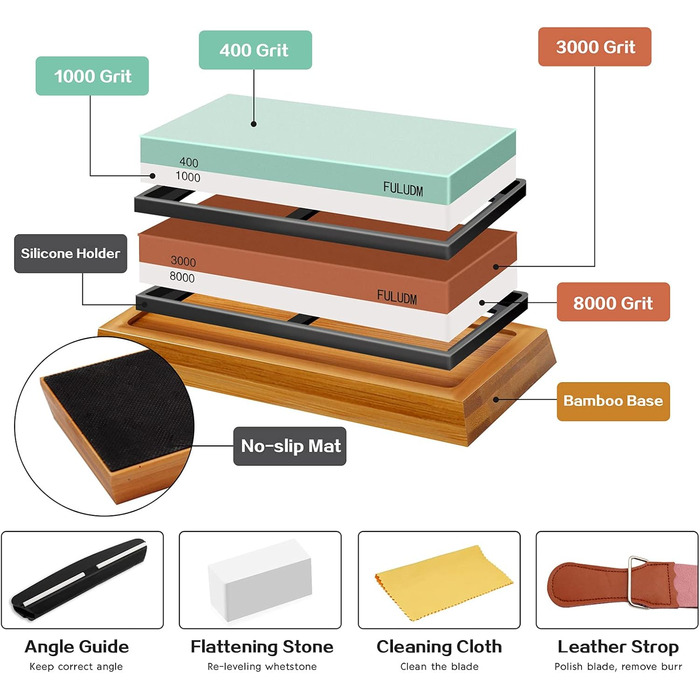 Набір точильних каменів FULUDM для ножів: 400/1000, 3000/8000 - з водою, з антиковзким тримачем