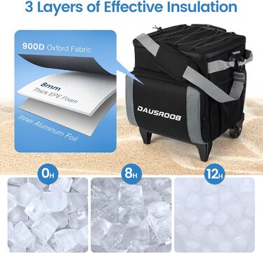 Ізольований холодильник на колесах 48 літрів для пікніка, кемпінгу, риболовлі, пляжу - сірий/чорний