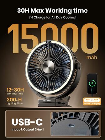 Вентилятор портативний Warmco з LED-ліхтарем та гаком, 15000 mAh, акумуляторний, для кемпінгу, офісу, гольф-кару, з цифровим дисплеєм, 360° обертання, 4 швидкості