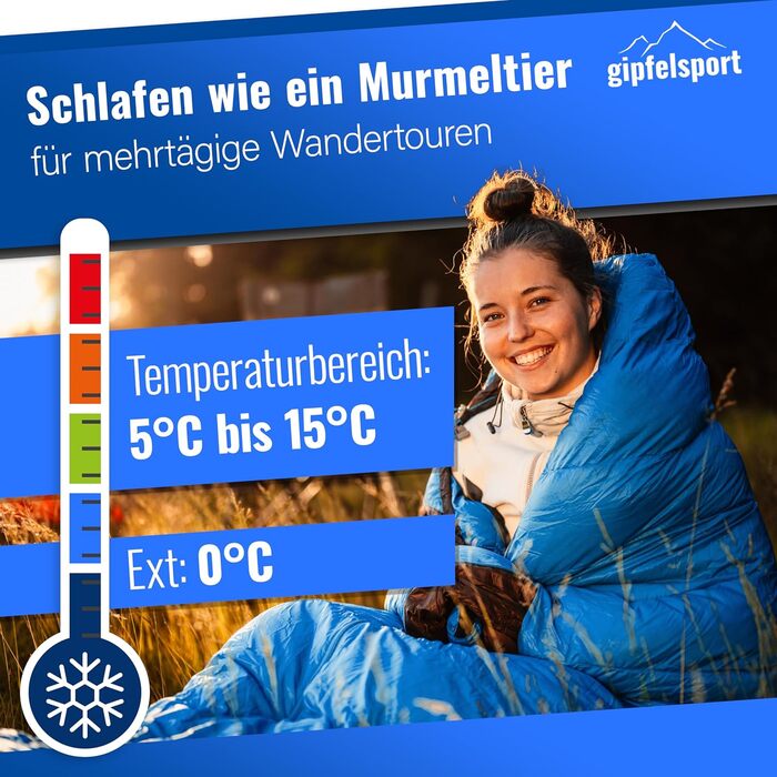 Спальний мішок Gipfelsport Ultraleicht 4 сезони [-20°C - 15°C] | Ultralight, Mumienschlafsack для кемпінгу, трекінгу та подорожей | 10°C, блакитний