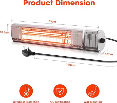 Інфрачервовий обігрівач для тераси 2000W, електричний, 3 режими, IP65, для саду, балкону, тераси, сріблястий