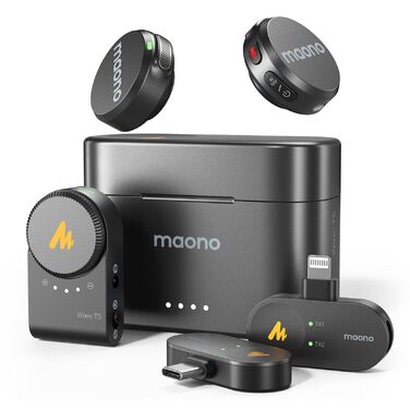 MAONO Бездротовий петличний мікрофон Wave T5 (2TX+3RX) для iPhone 15/16, Android (USB-C) - мікрофон для зйомки відео, з шумозаглушенням, 48kHz/24Bit, 30 годин роботи, 300м радіус дії