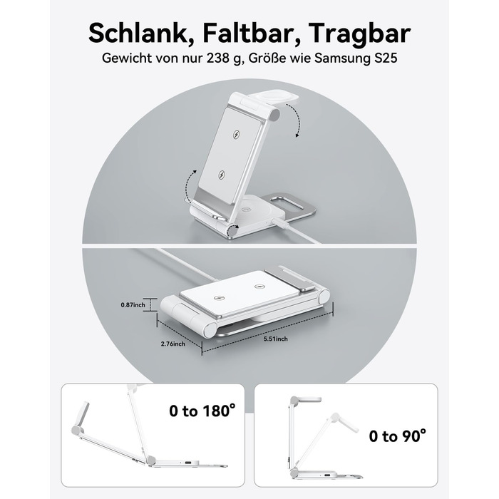 База для бездротової зарядки 3-в-1 для Samsung Galaxy (S25, S24, S23, S22, S21, S20, Z Flip, Z Fold) та Galaxy Watch/Buds, 20W, біла