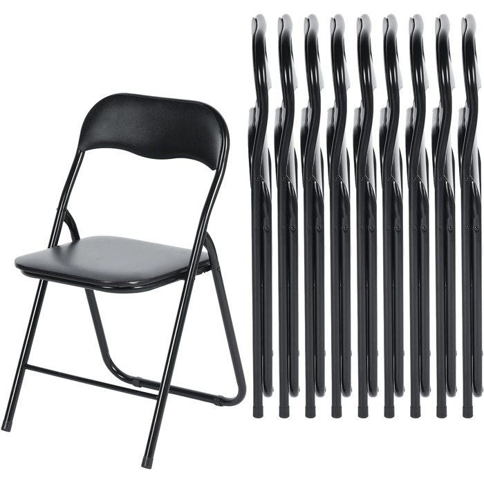 LuxNook 2-Piece PVC Folding Chair, Folding Stool with Cushion, Strong Metal Frame, Camping Chair, Foldable Chair, Office Chair, Space-Saving Desk Chair for Guest, Supports up to 150kg (10pcs, Black)